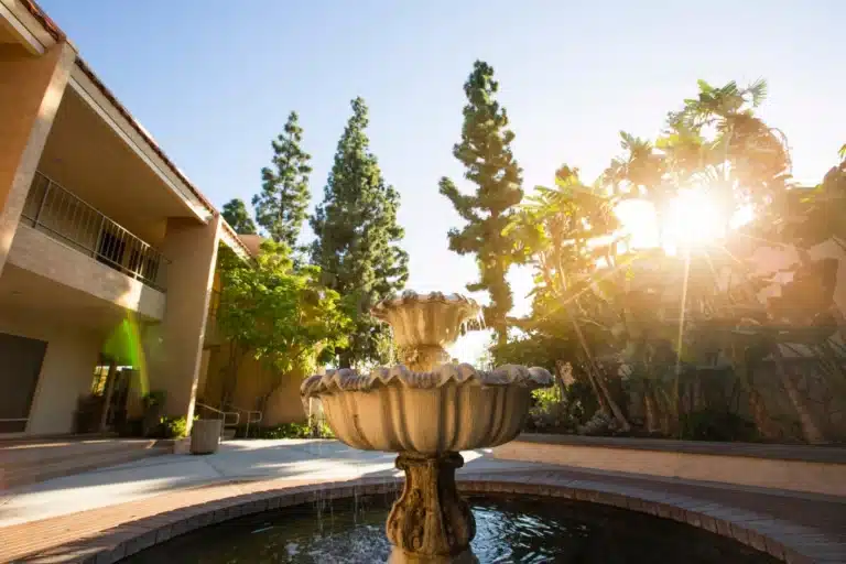 Sunlit courtyard with stone fountain and tall pine trees at Villa Park Apartments.
