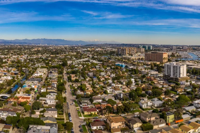 "Aerial view of Inglewood, CA neighborhoods and marina, highlighting a calm and connected environment for sober living and addiction recovery support"