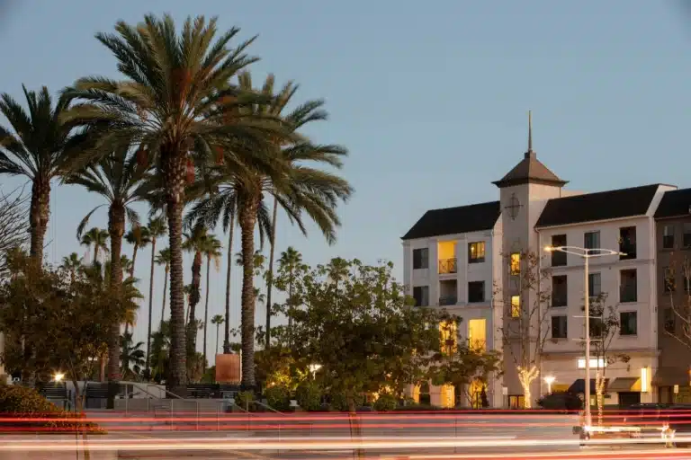 A vibrant night view of Carson, California, featuring modern city buildings, illuminated streets, and palm trees under a clear sky.