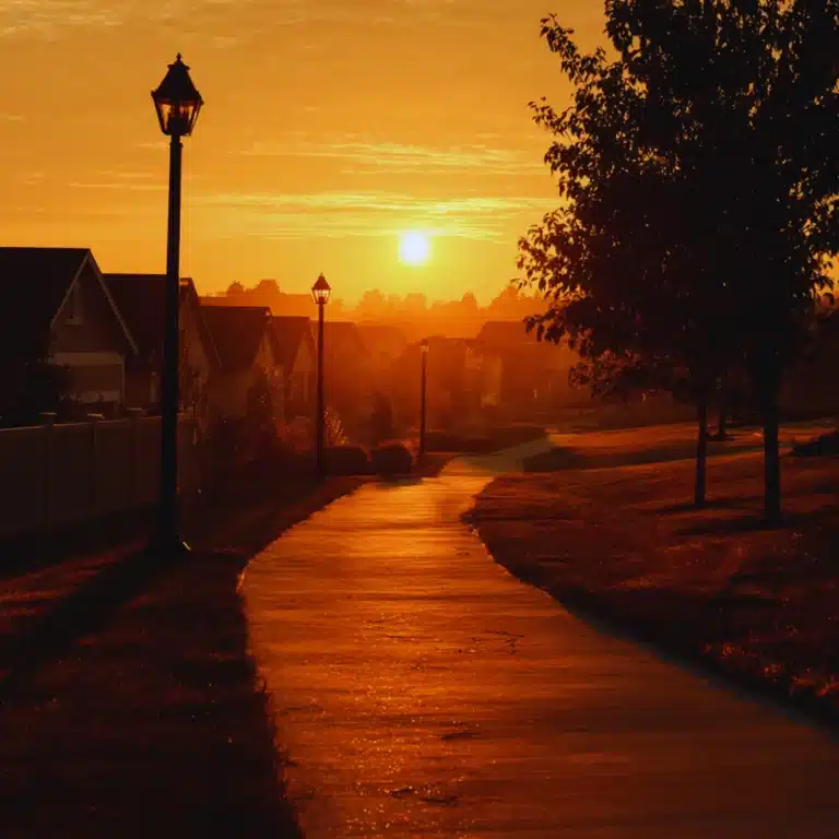 Peaceful sunrise over a quiet suburban path symbolizing hope, new beginnings, and accountability in sober living.