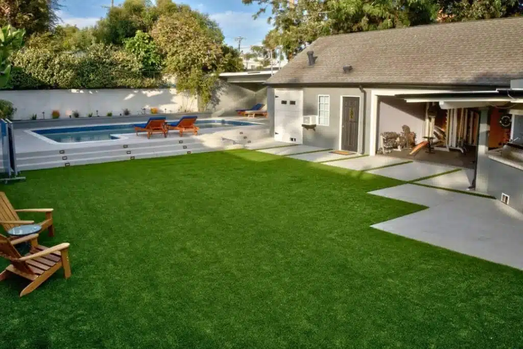 Backyard of Haven House Sober Living in Brentwood, Southern California, featuring a pool, lounge chairs, and luxury amenities nominated Best Luxury Sober Living 2025.