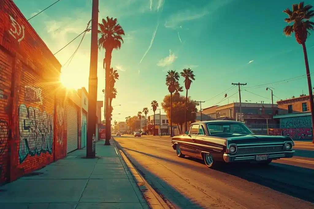 Sunny street view in Compton with palm trees and classic cars symbolizing hope, renewal, and community recovery.